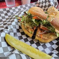 Vegan bagel sandwich with today's Indian masala schmear at The Bagel Shop in Homer