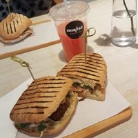 Tofu teriyaki panini and cold pressed grape juice!  at Miazsz in Krakow