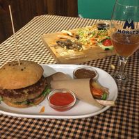 Seitan Burger. That brown sauce was amazing  at Vegetalia - Raval in Barcelona