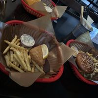 Fish and chips, fried cheese and a burger   at Belzepub in Prague