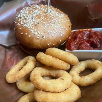 Beyond Italian with onion rings  at Belzepub in Prague