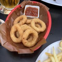 Onion rings and the nicest salsa I’ve ever tasted   at Belzepub in Prague
