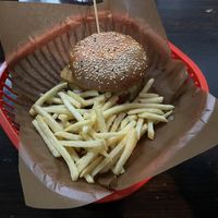 No chicken burger with fries  at Belzepub in Prague