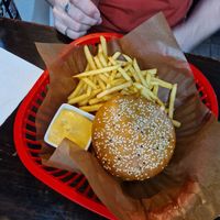 BBQ bacon Beyond Meat burger at Belzepub in Prague