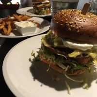 Swiss burger, fries, Tyrol burger at Belzepub in Prague