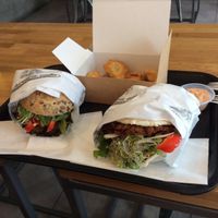 Seitan burger, pita, dumplings at I Krowa Cala in Gdynia