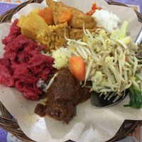Vegan homemade mock meats, rice and vegetables (buffet style) at Vegetarian Restaurant in Jakarta