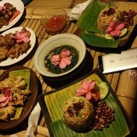 Tofu cakes, vegetable cakes, water spinach, baby potatoes and fried rice at Coco Beach in 