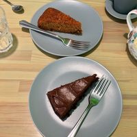 Vegan chocolate orange cake and vegan carrot cake at Roots Vegetarian Cafe in Lancaster