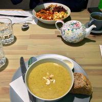 Vegan broccoli soup and vegan veg bowl at Roots Vegetarian Cafe in Lancaster