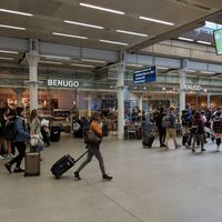 Outside view, inside St Pancras station at Benugo at St Pancras International in London