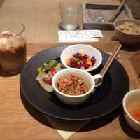 vegan dinner course with iced soy latte at Cosme Kitchen Cafe in Kyoto