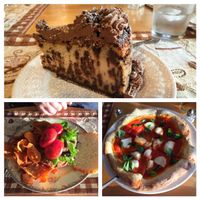 Chocolate chip cheesecake, sweet potato and black bean burger and mozzarella pizza. All Vegan of coarse!  at Fortuitea Cafe and Bakery in Washington