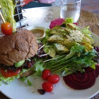 burger and salad at Bubbles Live in Chiang Mai