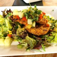 Carrot-cranberry-patty with salsa on fresh salad at Frucht and Genuss in Dusseldorf