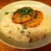 Carrot and cranberry pancakes on potato and cabbage puree at Frucht and Genuss in Dusseldorf
