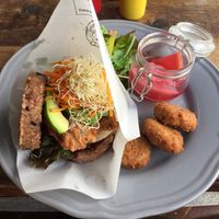Avocado burger with rice bun  at Organic Table by Lapaz in Tokyo