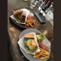 Burgers come with fries or nuggets and also fresh pickles vegetables and a small salad. You can also pick a whole wheat bun or a brown rice bun. at Organic Table by Lapaz in Tokyo