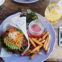 Rice burger with homemade soda drink at Organic Table by Lapaz in Tokyo