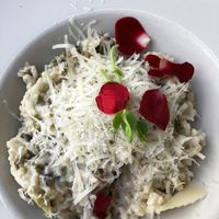 Risotto with vegan parmesan  at El Vergel Veggie Restaurant in Tarragona