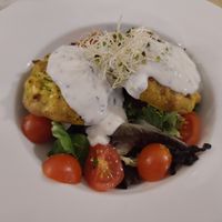 Lauki badas (zucchini and tofu balls) with yogurt sauce at El Vergel Veggie Restaurant in Tarragona