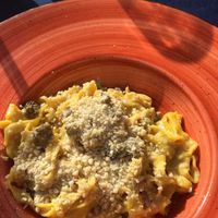 Homemade pasta with cashewsause and tempeh  at La Hierba Luisa Cocina de la Huerta in Gran Canaria