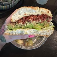 “KUKU Sandwich (Tastes Like Chicken)
Jikoni Kush, onions, celery, relish, mayo, herbs”
*I added lettuce, avocado & bacun   at Jikoni Cafe at The House of Consciousness in Norfolk