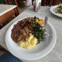 Mashed potatoes with two types of beans (regular and some feijoada), rice, seitan, greens,   at Naturaleve de Copacabana in Rio De Janeiro