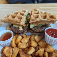 Waffle burger full loaded at Democracy* in Hamilton