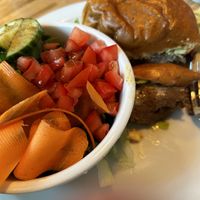 Smashed Mac burger with side salad 10/10  at Democracy* in Hamilton