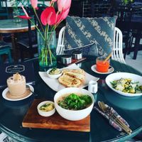 coconut soup, garlic bread with eggplant dip, frappacino with cashew milk, papaya frappe, and pest gnocchi (partners dish vegetarian not vegan) at Elephant Cafe in Ubud