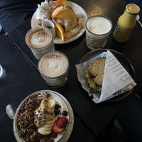 Peanut butter bowl, cinnamon pancakes, tofu sandwich at Fern & Fika in Stockholm