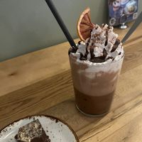 Hot chocolate and hazelnut brownie  at Fern & Fika in Stockholm