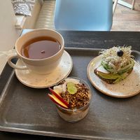 Rhubarb and caramel overnight oats, avocado sandwich and chai tea  at Fern & Fika in Stockholm
