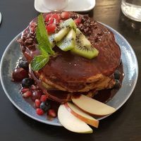 Vegan pancakes with fruits and chocolate. at Fern & Fika in Stockholm