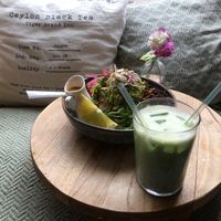 Savory bowl and matcha latte. at Fern & Fika in Stockholm