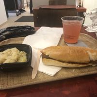 Bosna, potato salad and rhubarb drink   at Front Food in Linz