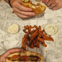 Cheese burger and sweet potato fries. V.mayo & Tartar sauce at Front Food in Linz