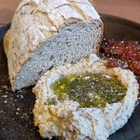 Bread platter with hummus and a tomato dip with Za'Atar spices #Veganuary at GYS - Voorstraat in Utrecht