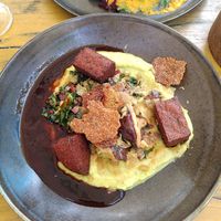 Italian with a twist: beet polenta with roasted veg, root celery puree and crispy quinoa at GYS - Voorstraat in Utrecht