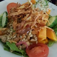 Roasted pumpkin, parsnip chips, barley and green leafy salad... very filling and tasty ... and vegan at GYS - Voorstraat in Utrecht