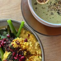 cilbir (turkish eggs) made with tofu instead of egg. very tasty and coconut basil soup    at GYS - Voorstraat in Utrecht