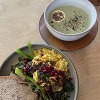 cilbir (turkish eggs) made with tofu instead of egg. very tasty and coconut basil soup  at GYS - Voorstraat in Utrecht