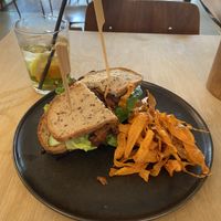 Club sandwich: tasty, with nice BBQ chunks. I think they were soy chunks, which was great. The peach/mint lemonade was a bit watery though. at GYS - Voorstraat in Utrecht