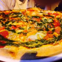 pizza with tomato and basil. yum! at Vegan Pizza in Warsaw