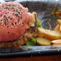 Vegan burger with chips at Marcopolo Freelife in Ushuaia