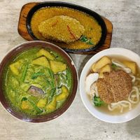 Top: Green Curry Kway Teow Soup, Right: In House Cod Fish, Bottom: Spicy Udon Soup with Fried Chicken at Nature Cafe 自然疏食 - The Aperia in Central Singapore