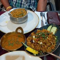 Vegan meat biryani with a lovely spicy sauce on the side and tark dahl at The Kathmandu in Torremolinos