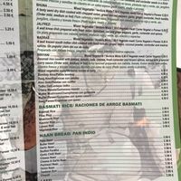 Menu at The Kathmandu in Torremolinos