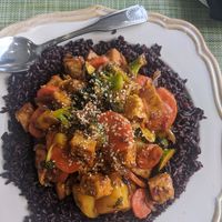 Peanut tofu signature dish (usually made with tempeh) at Au Lac - DTLA in Los Angeles